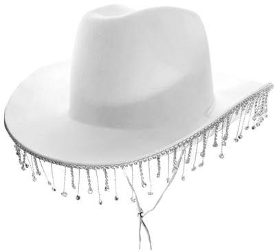 Diamantè cowgirlhatt för vuxna – paket med 1 – vit cowboyhatt med strassfrans – vuxna bling glitter cowgirl möhippa västerländsk fest maskeradaccessoar