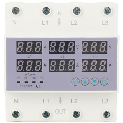 Protector de Sobretensión del Amperímetro del Voltímetro del Carril DIN Trifásico, Reinicio Automático, Respuesta Rápida, Pantalla Digital, Fácil Instalación, Seguro de Usar (63A)