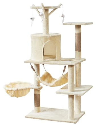 ZXTRYBHD Katzen Wand Klettern, Bequeme Sitzstange für Katzen, Katzenkratzbaum, Baumelnde Maus und Hängematte, Katzen Kratzmöbel für Katzen und Kätzchen (Color : Off-White, Size : Large)
