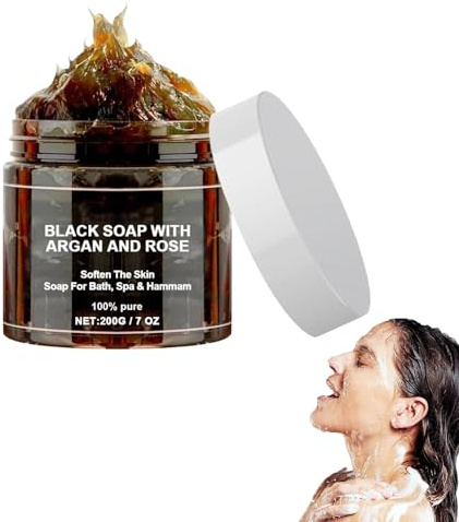 Marokko Schwarze Seife mit Arganöl und Rose,Morocco Black Soap, Afrikanische Seife,Hergestellt aus Natürlichen Inhaltsstoffen,Schwarze Seife Körper Peeling Seife,Schwarzer Seife-Peeling Duschgel (1PC)