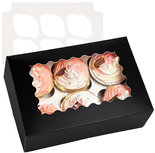 Gcardist Auto-pop Up 6 Cupcake Boxes with Window Black 12 Packs Cupcake Box 23.87x15.49x7.62cm Bakery Boxes For Cupcakes Carrier, Cupcake Containers (9.4x6.1x3 inch)