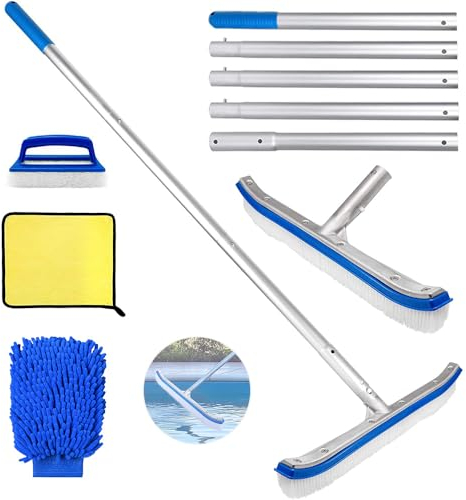 Poolbürste mit Stiel 180cm Lang,Pool Reinigungsbürste 45cm,Poolbesen mit Längenverstellbarer Aluminiumstange und verstärkter Aluminium Rückseite,Pool Bürsten Set für Pool Reinigung