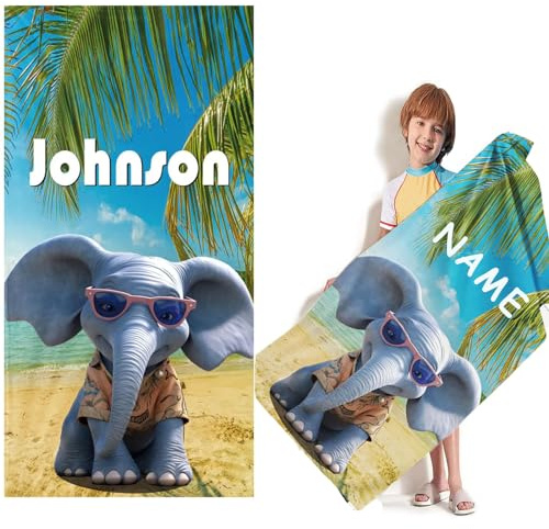 Goplnma Personalisiert Elefant Strandtuch Mit Namen, Cartoon 3D Elefanten Handtuch mit Namen Badetuch, Mikrofaser Strandtuch Groß 90x180cm Badetuch Handtuch für Strand (100 x 200 cm,1)