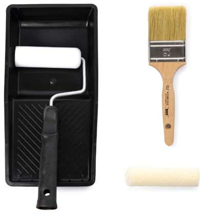 PENNELLIFICIO 2000 | Kit Professionale per Smalti all'Acqua, Solventi, Impegnanti, con Rullino in Velour, Rullino in Spunga, Manico per Rullino, Pennello e Vaschetta in Plastica, Made in Italy