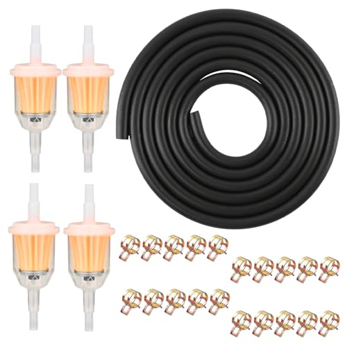 RAFIYU Bensinslang Ø 5 mm kit, 2 meter bränsleledning med 4 stycken 5 mm/8 mm bensinfilter och 20 stycken slangklämmor, för bil, motorcykel, gräsklippare
