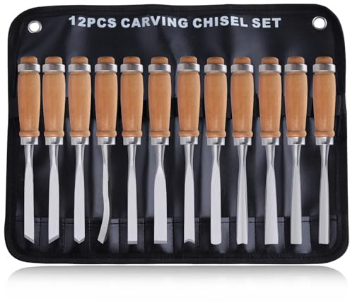 LEONTOOL Lot de 12 ciseaux à bois avec sac de rangement pour le travail du bois, outils de travail du bois et accessoires de sculpture sur bois, ciseaux en acier au carbone avec poignée en bois