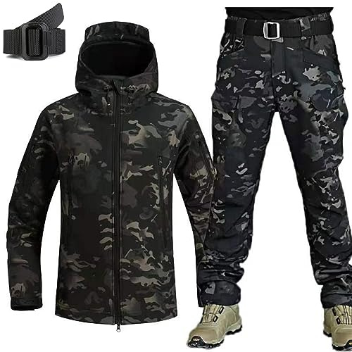 Set de ropa de caza con camuflaje militar con cinturón, chaqueta de hombre de Soft-Shell, pantalones, chaqueta táctica y pantalones de combate, conjunto de traje de combate impermeable del ejército.