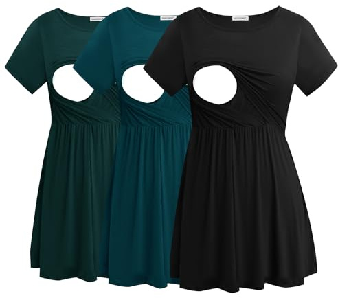 Smallshow Women's Maternity Nursing Tops Short Sleeve Breastfeeding Clothes 3 Pack,Black-Deep Green-Teal,XL