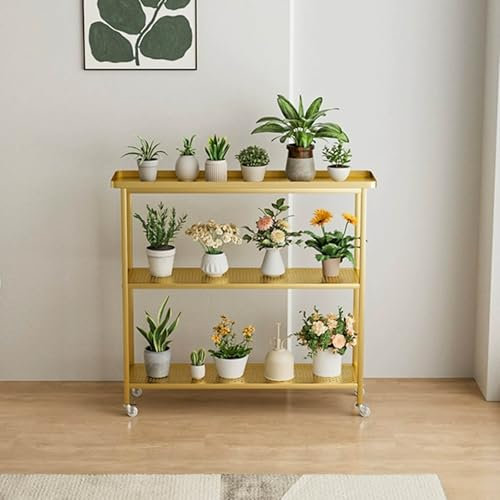 Balkon Mehrstöckig blumenständer mit Rädern, Garten deko pflanzenständer outdoor, modern blumentreppe outdoor, Mode blumenbank für innen draußen, für Zimmerecke,Wohnzimmer,Terrasse,Hof.(Gold,100*25*88