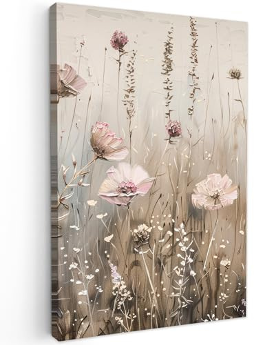 MuchoWow© Leinwand Deko Schlafzimmer Aesthetic Leinwandbilder Wohnzimmer | 60x90 cm - Gemälde Foto Geschenk Living Room Decoration Blumen - Rosa - Modern - Beige