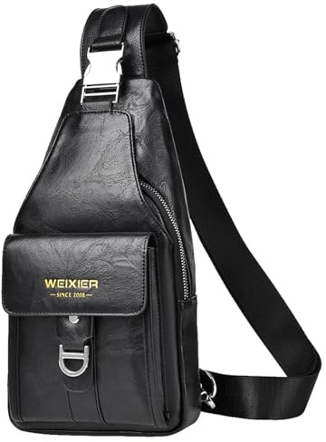 Hjkiopc Sling Tasche für Herren,Leder Brusttasche,Wasserdichte Schultertaschen,Lässige leichte Tasche,Handy,Crossbody für Wandern,Radfahren,Camping (Schwarz 1)