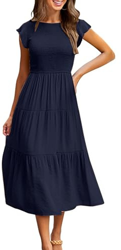 CMTOP Dresses for Women UK Casual Summer Dress Long Crew Neck Ruffle Sleeve Flowy Maxi Dresses Solid Color Elastic Waist Ruched Ladies Dresses Tiered A Line Beach Holiday Sundress(Navy Blue, M)