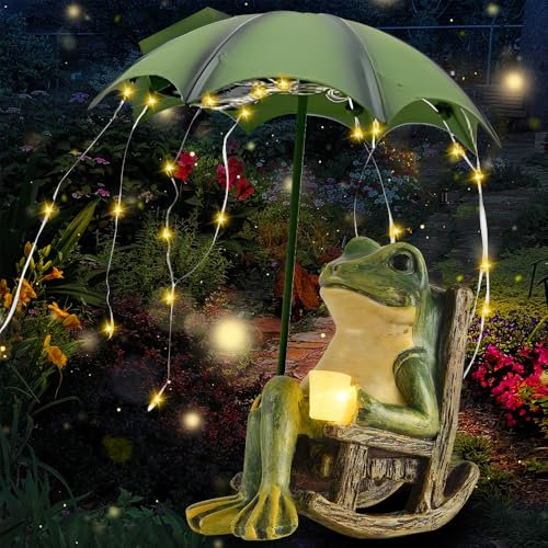 Vmxlso Deko Frosch für Draußen, Solar Frosch Gartendeko, Frosch Deko Garten mit Wasserdicht Lichterketten, Lustige Regenschirm Frosch Statue, Frosch Figur, Tier Garten Statue für Terrasse Rasen Teiche