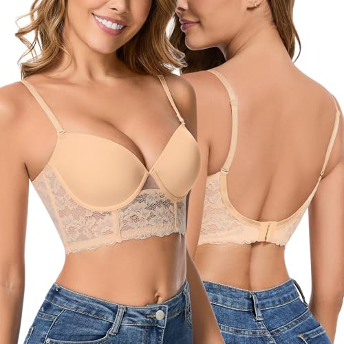 WOWENY Soutien-Gorge Dos Nu pour Femme Soutien-Gorge Push-up Dos Nu avec Armatures Soutien-Gorge en Dentelle à Dos Bas et col en V sous-vêtements,Beige,S