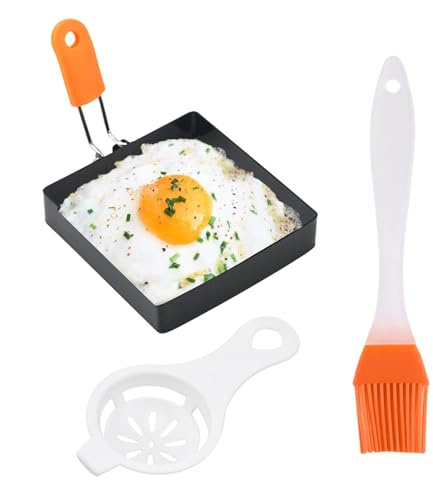 YNPQTDS Square Egg Mold, Egg Mould Mokas Square, 10x10cm Stainless Steel Fried Egg Ring, Black, Griddle Pancake Shapers With Silicone Handle, For Breakfast Omelette Sandwich
