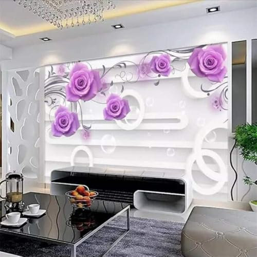 3D Géométrique Cercle Blanc Fleur Violette Papier Peint 3D Intissé Tapisserie Bureau Salon Canapé Chambre Fond Décoration Murale-430cm×300cm