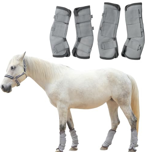 TARFEPA Adjustable Horse Fly Boots Set of 4, Equine Leg Protection Reduce Stomping, Breathable Mesh Fly Boots for Horses, Horse Leggings Leg Guards - Grey - Full