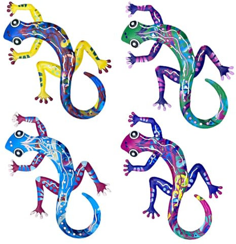 Decorazione da parete a forma di geco in metallo, 4 pezzi, ornamenti da giardino dai colori vivaci, decorazione da parete per esterni/interni, resistente, per recinzione, patio, cortile, decorazione