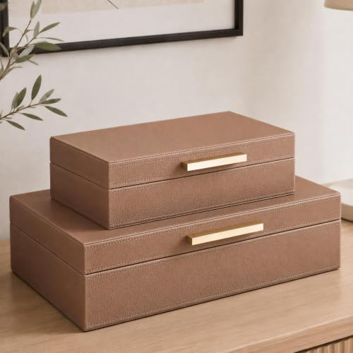 ZICOTO Decorative Storage Boxes with Lids – Set of 2 Beautiful PU Leather Organizer Bins for Your Bookshelf Home Decor - Safely Store Photos, Documents and Memory Box Keepsakes in Style
