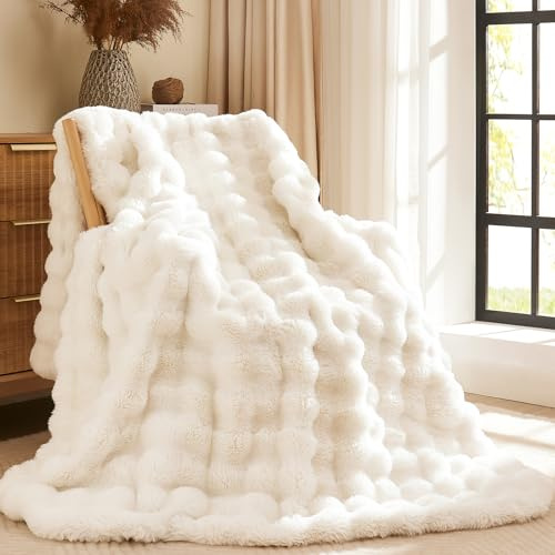 L'AGRATY Faux Rabbit Fur Blanket: 130x160cm Luxury Soft Fluffy Thick Fur Throw Blanket for Couch Bed Sofa - Cozy Plush Bubble Blankets with Warm Flannel Fleece(Single,Cream White)