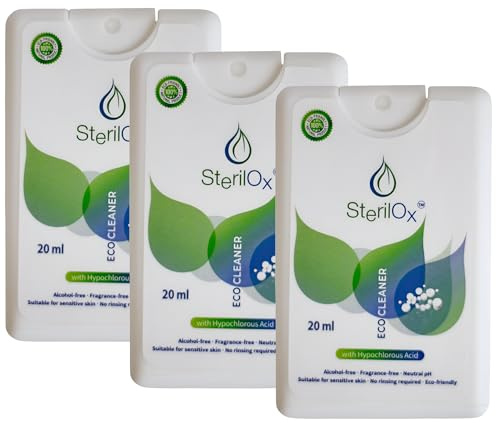 SterilOx 3 x 20 ml – Spray hygiénique à base d'acide hypochloreux (HOCl), sans alcool, pour nettoyage des mains et accessoires, mini pack pour la maison et les voyages