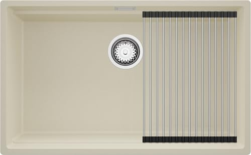 PRIMAGRAN Fregadero bajo Encimera al Mueble 80cm + Kit de desagüe, 76x47cm | Set: Kit de desagüe (sifón, válvula, rebosadero) + Enrollable Escurridor + Prague Level 1 Seno para Cocina, Beige