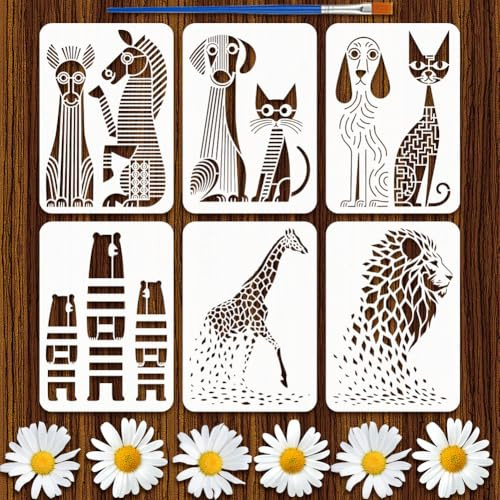 FINGERINSPIRE 6 Stück Malschablone Mit Abstrakten Tieren Und Kunststoffpinsel 21x29.7cm Wiederverwendbar Vorlage Für Zebra Katze Hund Bär Giraffe Löwe Schablone Mit Tiermotiven Zum Malen Auf Holz
