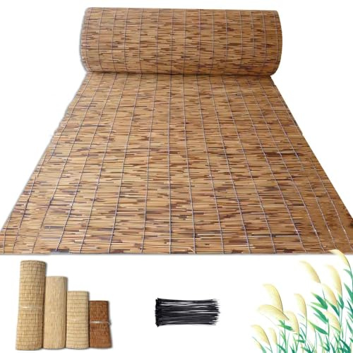 Bastoncini di bambù resistenti e impermeabili, per la privacy, facili da installare, decorazione per giardino, balcone, schermo e recinzione (filo giallo bianco 145 x 300 cm)