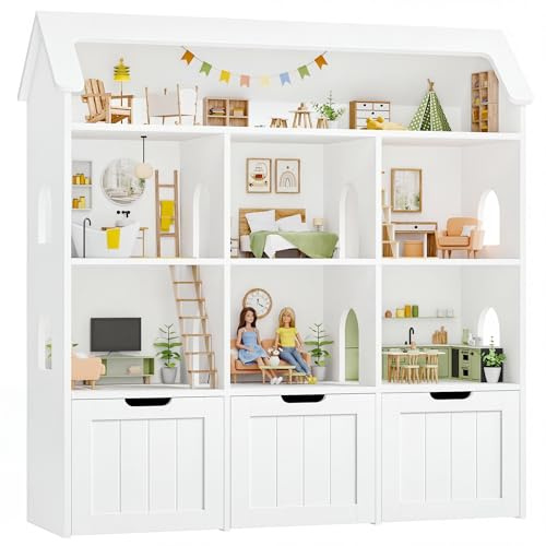 FOREHILL Libreria Montessoriana per Bambini, Scaffale Portagiochi con 6 Scomparti e 3 Cassetti, Contenitore Mobile con Ruote per Cameretta, Progettazione del Tetto, 120x30x117.5cm (Bianco)