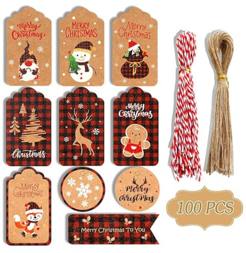100 Pcs Etiquetas Regalo Navidad, Etiquetas Etiquetas para Envolver Papel Kraft Etiquetas Colgantes Feliz Navidad con Cuerda para Regalos, DIY y Decoración Navideña (D)