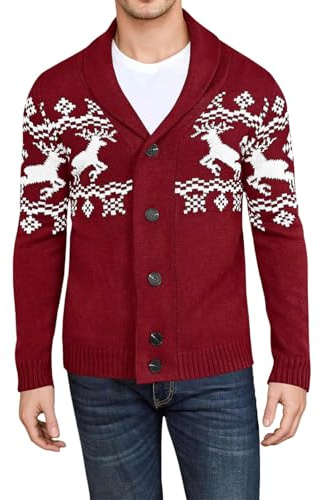 Cardigan de Noël pour homme avec motif flocon de neige - Cardigan classique avec col en V - Veste d'hiver festive pour les vacances, Style_l04 Rouge, 3XL