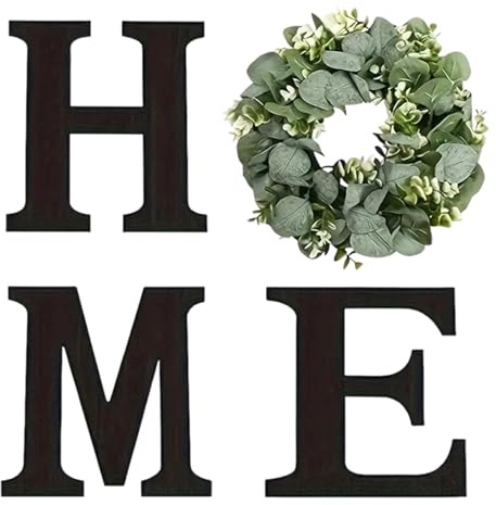 Home Sign Wanddekoration - Holz Buchstaben - Rustikale Deko Mit Künstlichem Eukalyptuskranz Für Küche Wohnzimmer Feier Eingangsbereich Wohnung Einweihungsparty - für Feiertage Hochzeit Wohnungseinweih