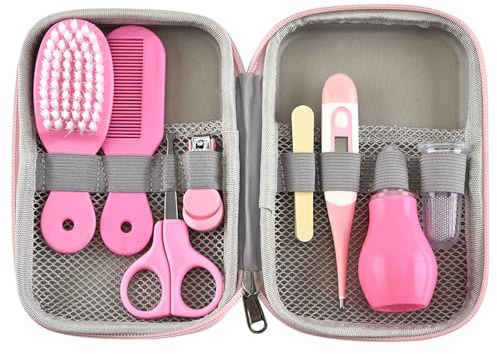 Syrisora Baby Grooming Kit, Hårborste Nagelklippare Näsrengöring Fingertandborste Saxmanikyrsats för Nyföddvård, med Dragkedja för Pojkar, Flickor (Rosa)