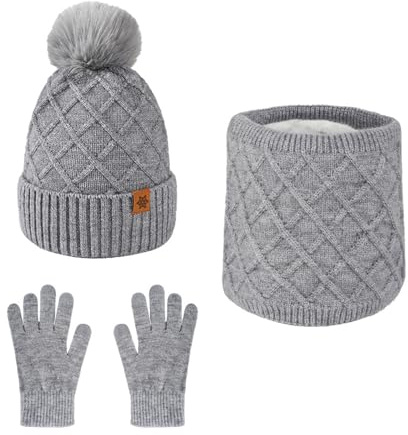 Set de 3 Piezas, Gorro, Bufanda Tubular y Guantes Touchscreen Mujer, Tejido Polar con Forro, Cálidos y Elegantes para Uso Diario, Trabajo y Actividades al Aire Libre (Gris)