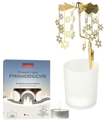 BRUBAKER Teelichtkarussell Schneeflocken inkl. 12er Pack Pyramiden Teelichter - Teelichthalter Weihnachten aus Metall und Glas Karussell - Drehender Kerzenhalter Karussell Weihnachtsdekoration Gold