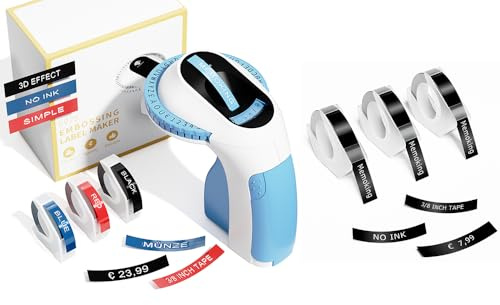Memoking Blau Beschriftungsgerät Prägegerät E975 Kombination mit 3D Prägegerät Etiketten (4 Schwarz+ 1 Blau + 1 Rot), Handgerät Etikettiergerät für Haus, DIY (£/€, Ä, Ö, Ü)
