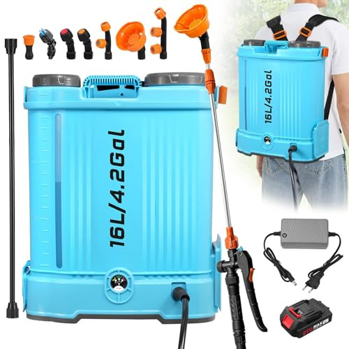 Bellanny Drucksprüher 16 Liter | Gartenspritze & Drucksprühgerät, Rückenspritze Sprinkler | 21V 100PSI Akku Pumpsprühflasche mit 6 Düsen, Elektrischer Pflanzensprüher für Garten, Auto, Unkrautspritze