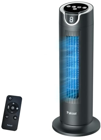 Pakool Tower Fan for Bedroom, 25dB Quiet Cooling Fan with Remote, DC Motor Energy Saving, 7m/s Powerful Airflow, 8 Speeds, 8H Timer, 80° Oscillating, Portable Desk Bladeless Fans, 16-Inch