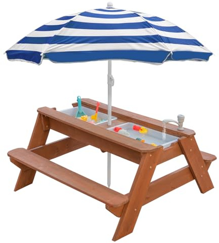 Kids 3 en 1 - Mesa de picnic convertible para exteriores con paraguas, 2 cajas de juego, parte superior desmontable, mesa de grifo para exteriores (marrón/azul marino)