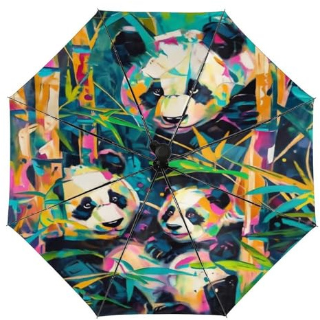 Anceky Ombrello pieghevole automatico Panda Bamboo, antivento, resistente, con protezione UV, compatto, antipioggia, da viaggio, per donne e uomini