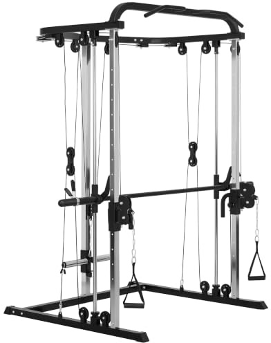 SPORTNOW Station de Musculation avec Support à Squat Structure Acier Noir | Station de Traction à Câble Cross-Over, Barre, Hauteurs Réglables, pour Entraînement à Domicile