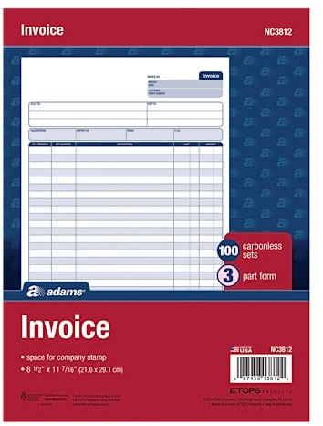 Adams Invoice Unit Set, 8.5 x 11.44 Inch, 3-Part, Carbonless, 100-Pack, White and Canary and Pink (NC3812)