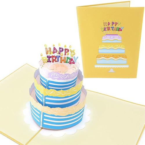 PopLife Geburtstagskarte - 3D Bunte Torte PopUp Geburtstagskerzen - Flach gefaltet für Mailing - Geschenk für Enkel, Oma, über den Berg, dreistufige Torte, Überraschungsparty, kleines Geschenk