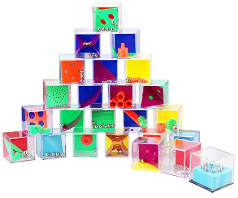 WELLGRO 24er Set Geduldsspiele - je ca. 4 x 4 x 4 cm (LxBxH), Geschicklichkeitsspiel mit Kugeln, Mitgebsel, Denkspiel