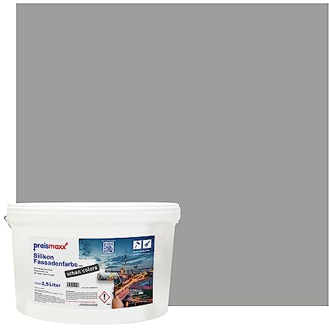 Preismaxx Silikonharz Fassadenfarbe, Wolfsgrau Grau 2,5L hochwertige, matte, wasserabweisende Aussen-Dispersion, sehr guter Regenschutz - Abperleffekt