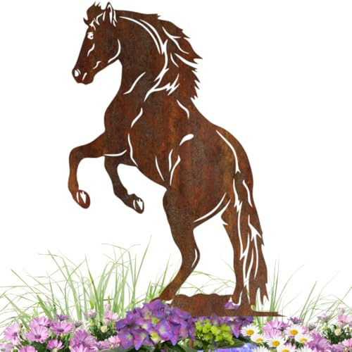 Gartenstecker Pferd steigend aus Metall – Rostfigur 30 cm hoch, Gesamthöhe 45 cm mit Spieß – Wetterfeste Edelrost Gartendeko für Garten, Balkon & Terrasse – Handgefertigte Tierfigur