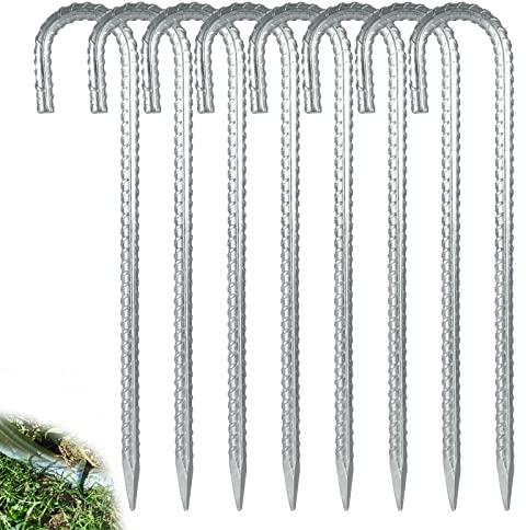 YAYODS 8PCS 16 Inch Ground Stakes, Galvanized Rebar Tent Stakes J Hook, Heavy Duty J Hook Ground Anchors for Tents, Trampoline and Fences