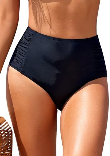 SHEKINI Womens High Waisted Bikini Bottom Ruched Side Swim Bottoms Tummy Control Swim Shorts Vintage Swimming Briefs Bathing Suit Bottom Tankini Bottoms, Black, L