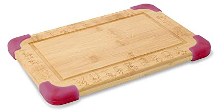 BIOZOYG Bambus Schneidebrett für Kinder I Multifunktions- und Lernbrett mit Tierbilder und Buchstaben I Kinder-Brett mit Saftrille und abnehmbaren Anti-Rutsch-Silikonecken in rot 29x20x1,5 cm