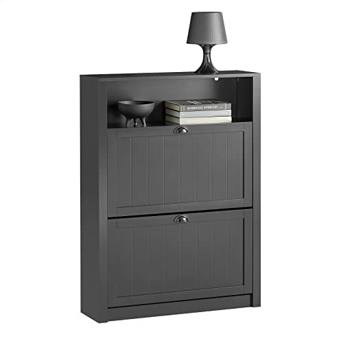 SoBuy Meuble de Rangement à Chaussures Armoire à Chaussures Commode à Chaussures 2 abattants et Compartiment supplémentaire Noir 80x24x110 cm, FSR87-SCH